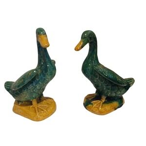 Pair of Vintage Chinese Mud Duck Figurines Green Glazed Pottery 6" Tall
